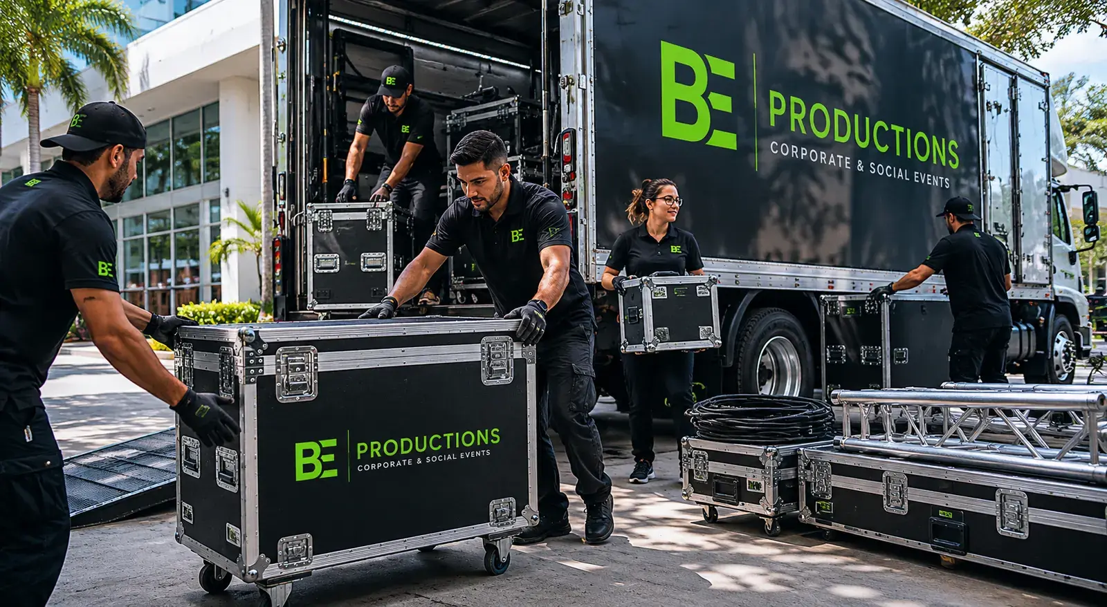 BE Productions crew unloading production equipment from a truck