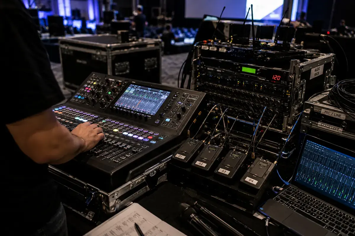 Equipo de ingeniería de audio y consola de mezcla para evento en vivo