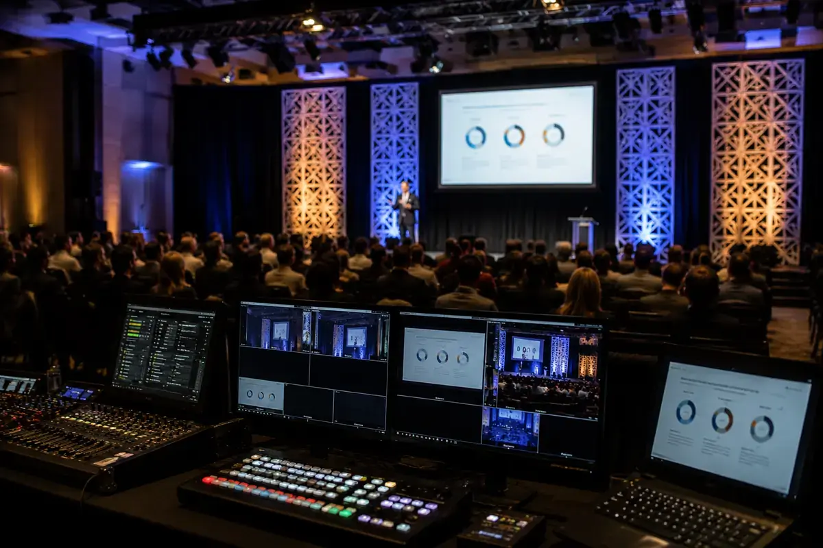 Montaje de producción AV corporativa con pantallas, controles y equipos de evento