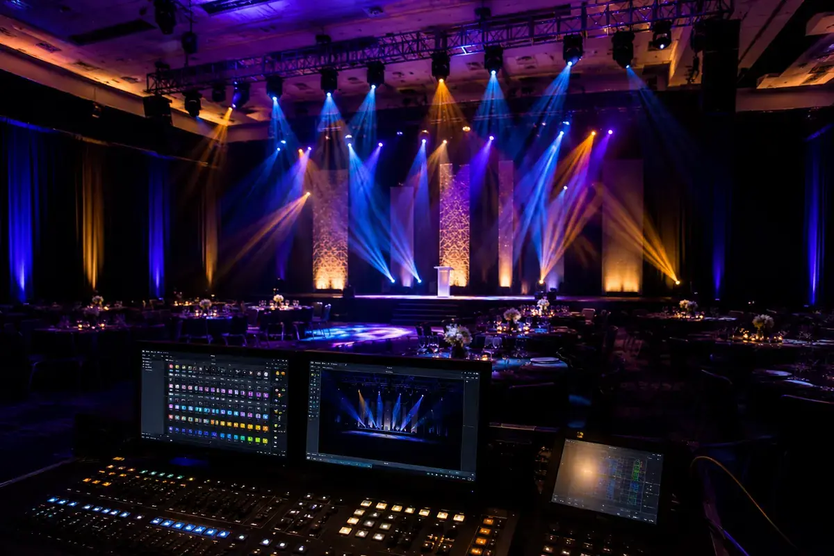 Diseño de iluminación para evento corporativo con luces escénicas