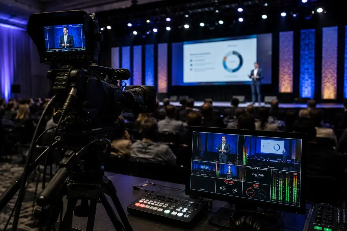 Montaje de livestream y grabación con cámara y monitores de producción