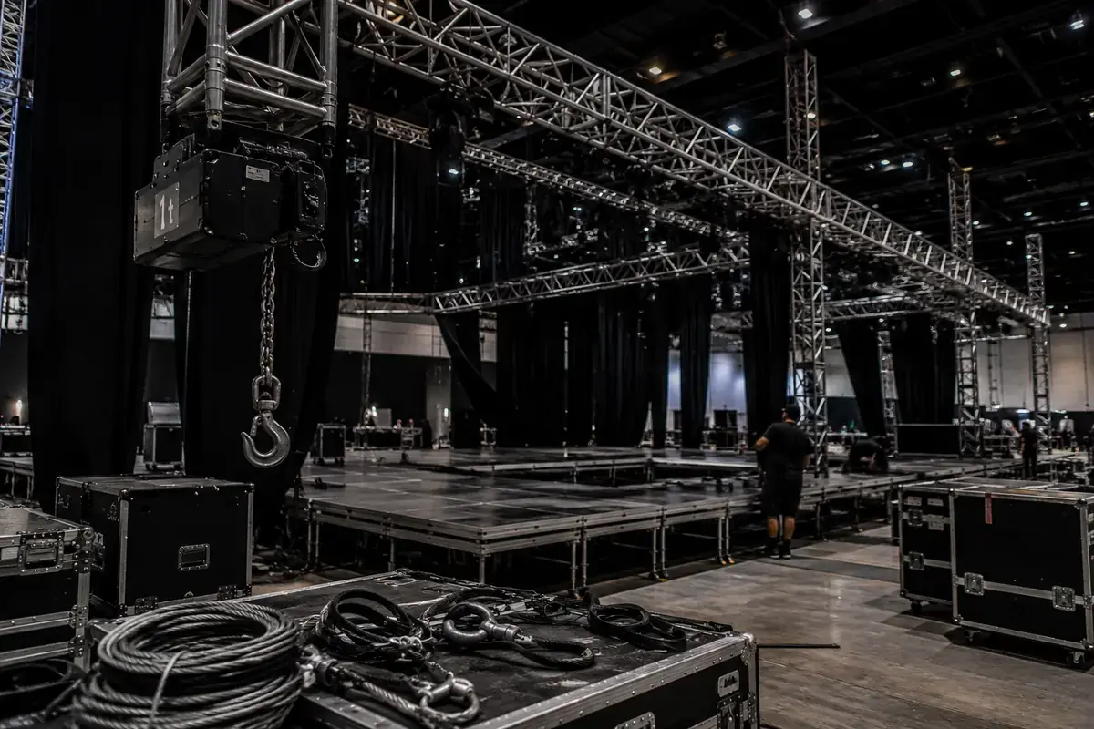 Montaje de tarima y rigging con truss y equipo de producción