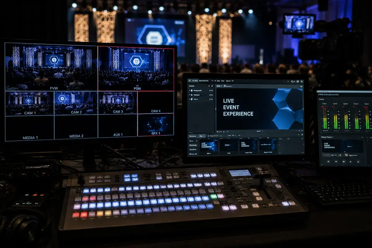 Área de control de producción de video con pantallas y equipo de switching