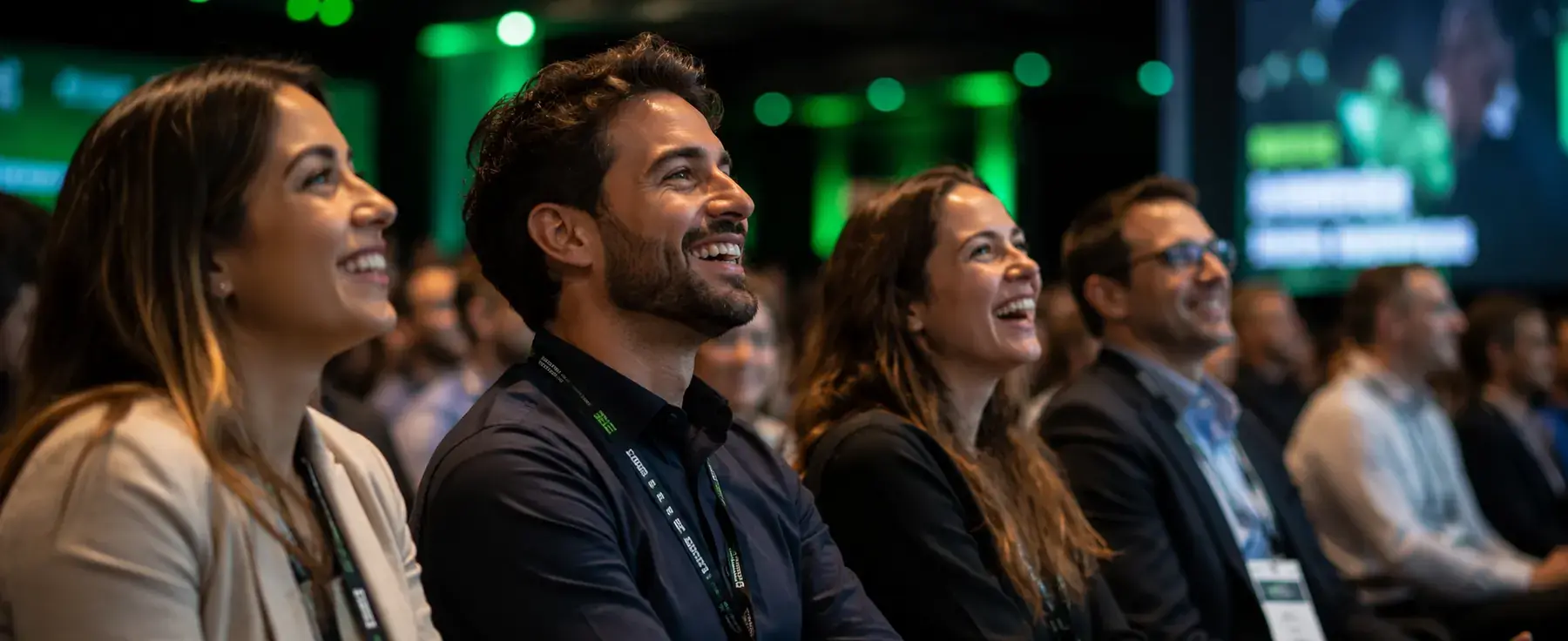 Audience members smiling and enjoying a professional corporate event