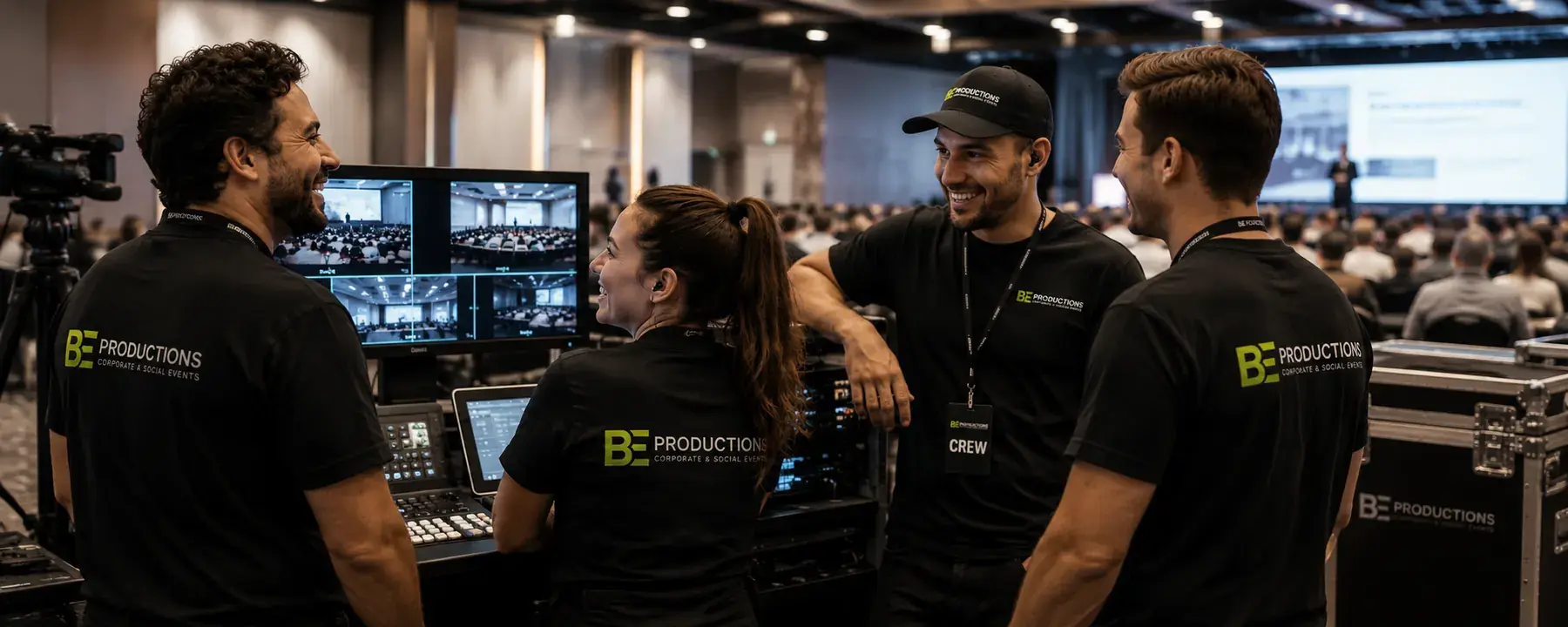 Production crew smiling while managing event controls and broadcast equipment