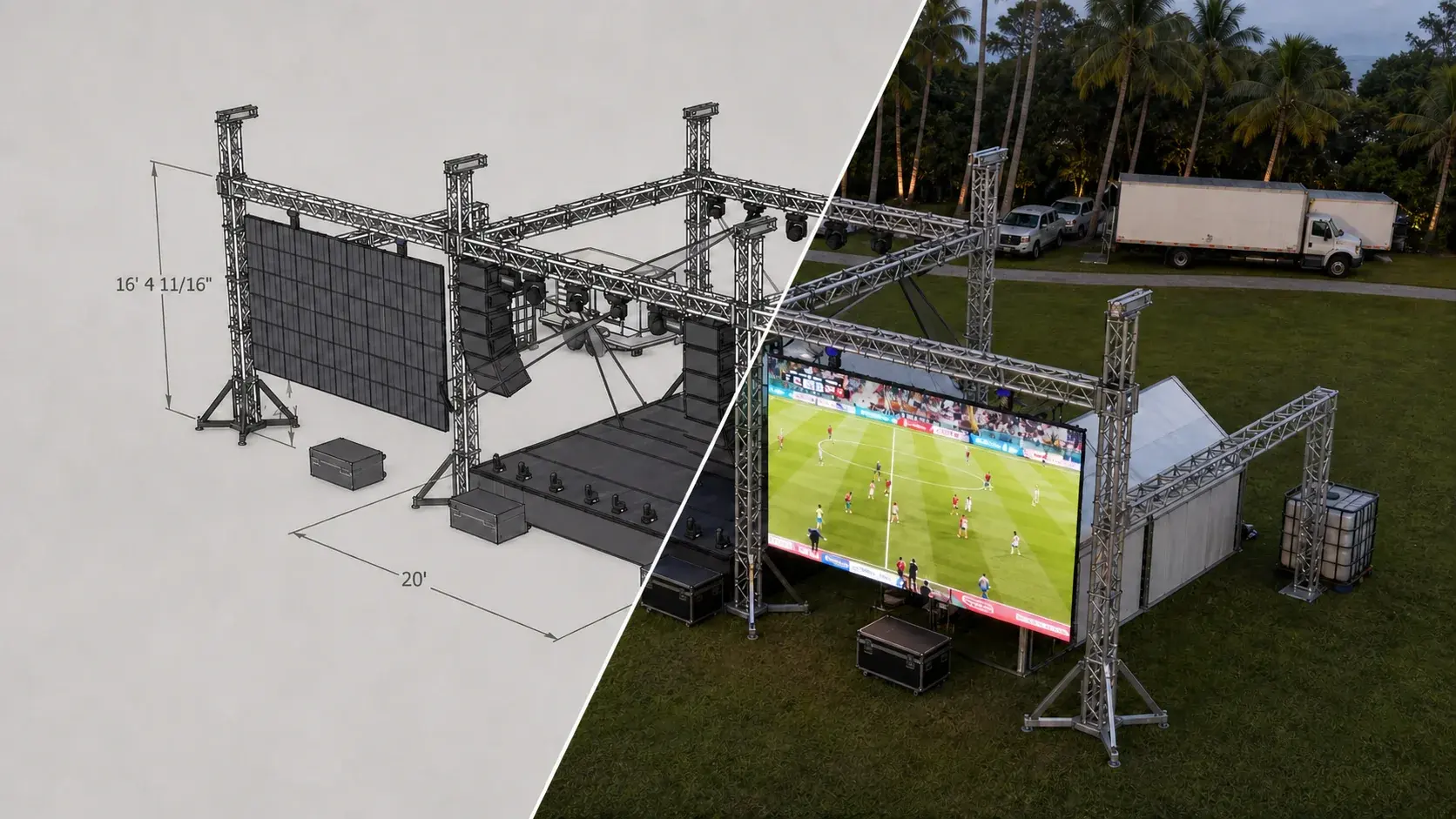 Technical production plan and completed outdoor build shown in one aligned split view