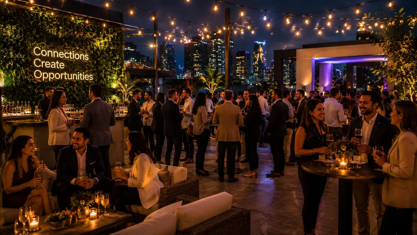 Warm social event with guests networking and enjoying a professional evening gathering