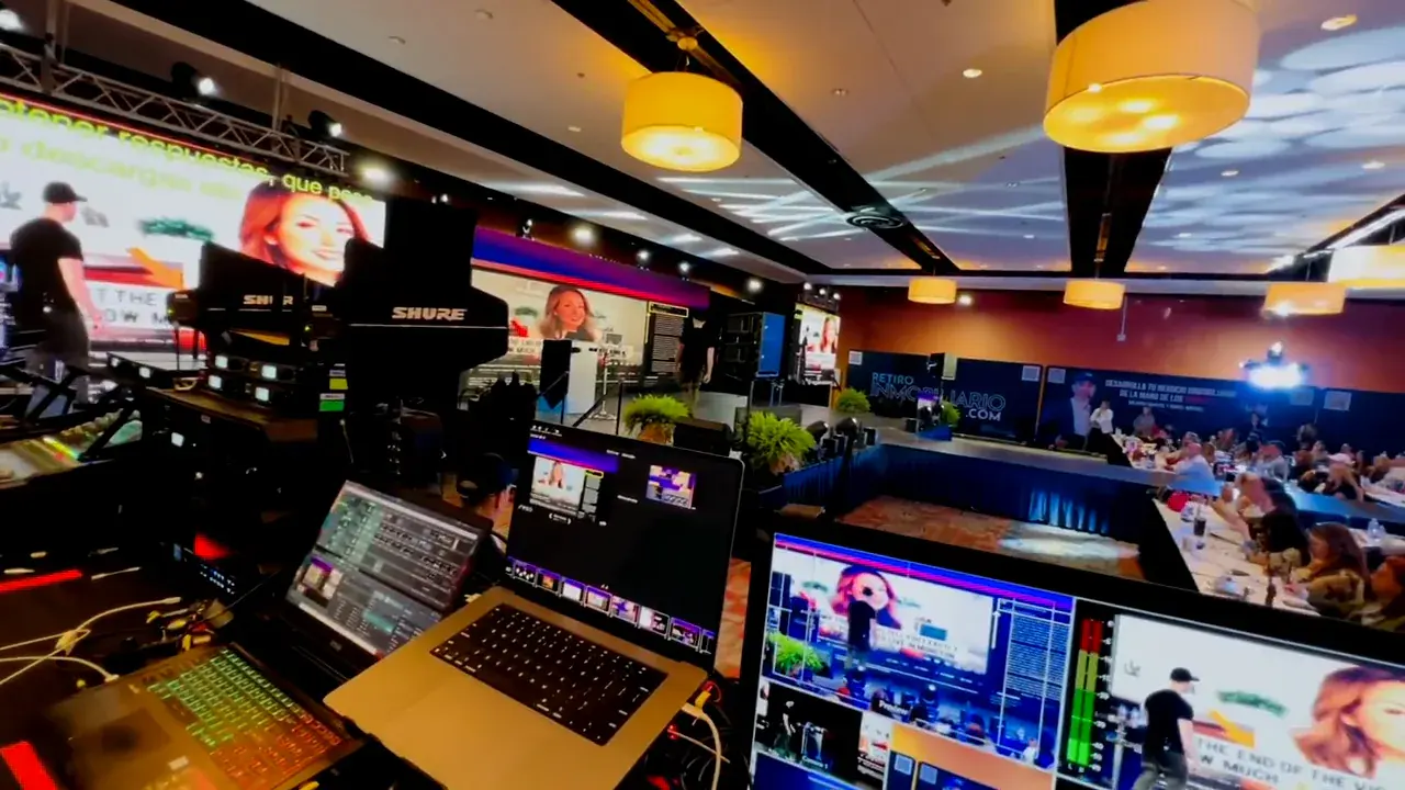 Production controls and camera monitors in BE's event reel