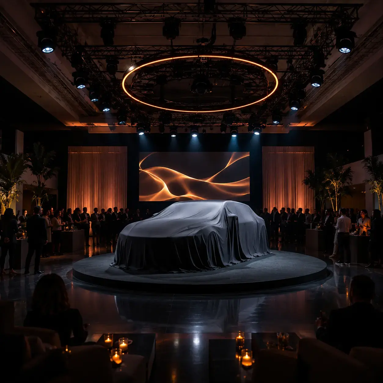 Luxury product reveal with covered vehicle, lighting, LED visuals, and guests