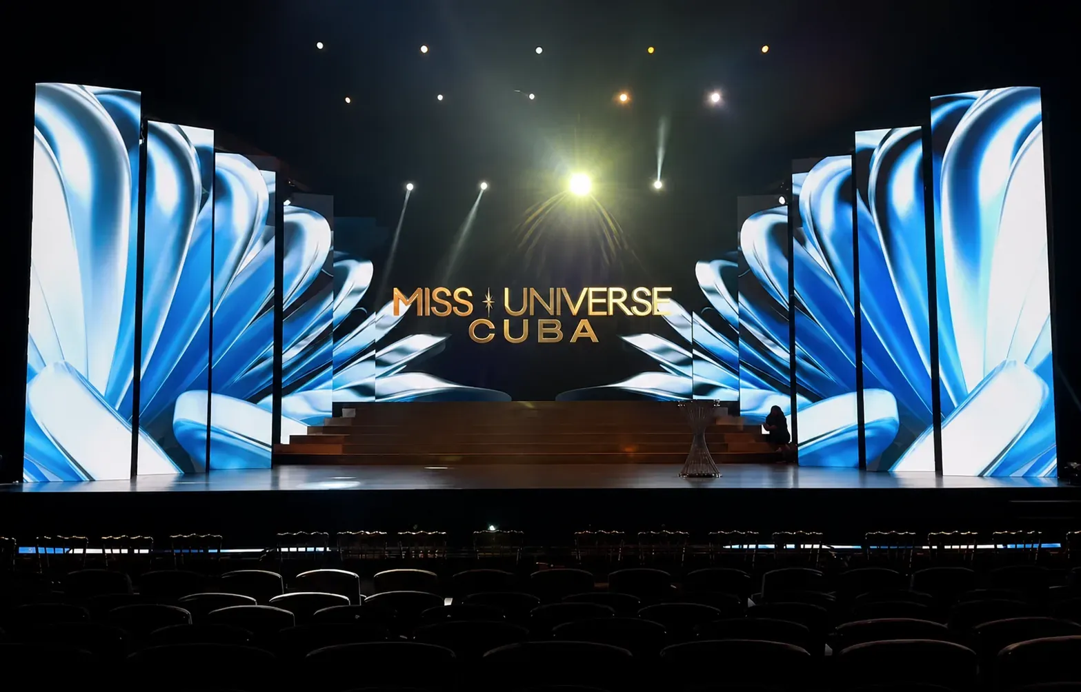 Finished theater stage surrounded by LED display surfaces